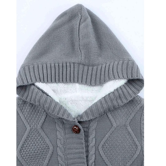 Navy Blue Faux Sherpa Knit Hooded Cardigan Front Pockets Long Sleeves Hip Length - Picture 9 of 16